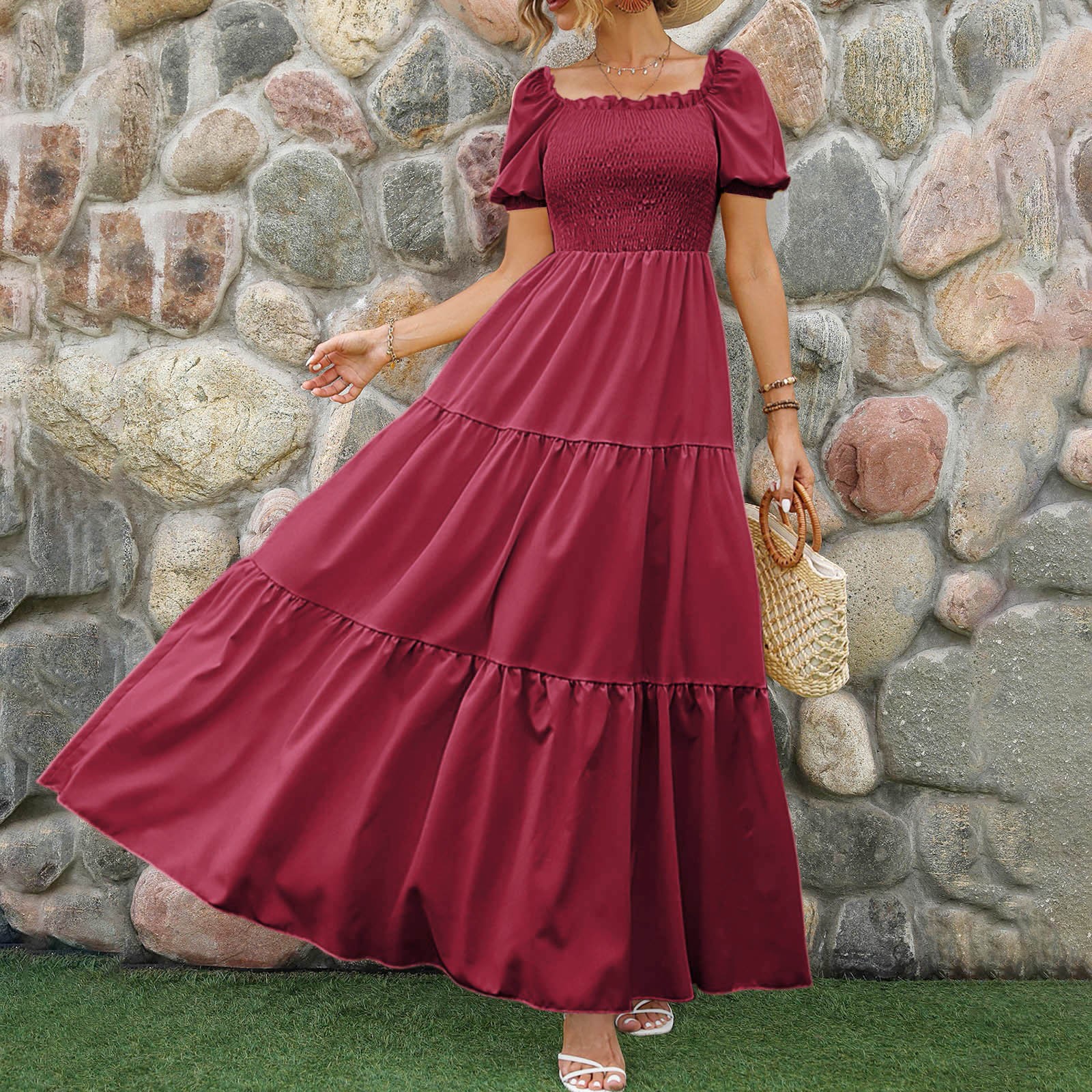 thumbnail image 2 of Vestido cruzado boho floral para mujer 2025: vestido largo con cuello redondo, manga corta, cinturón y volantes en el bajo, poliéster/spandex, informal/playa (S-XXL), 2 of 5